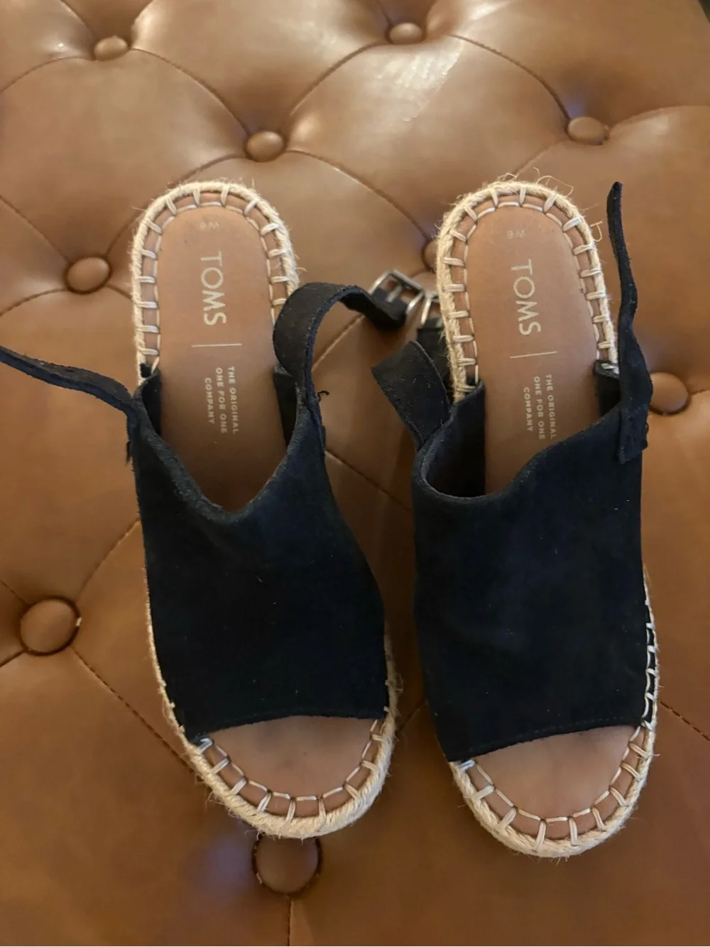 Toms Black Suede Espadrille Wedge Slides